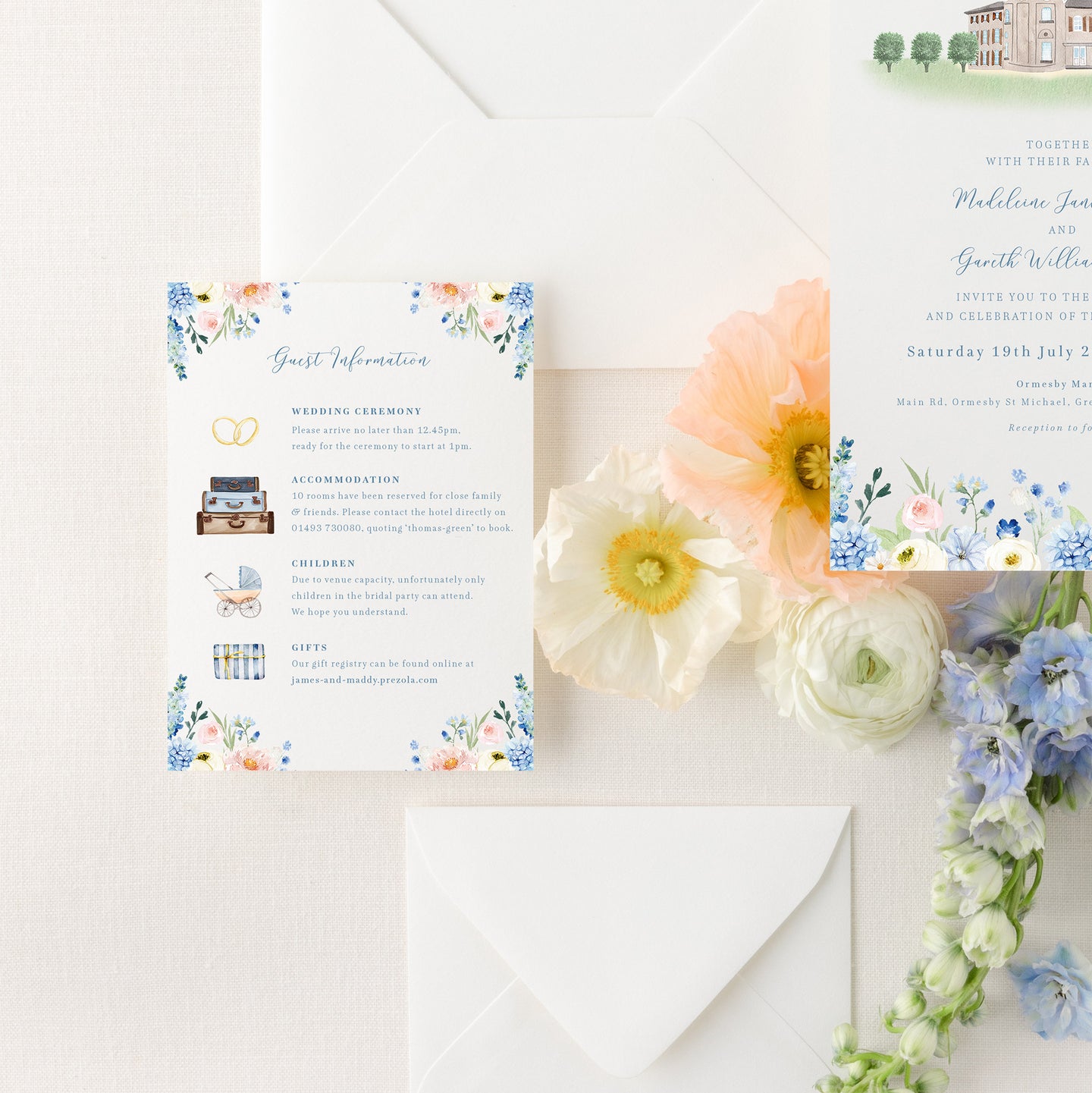 blue wildflower guest information card